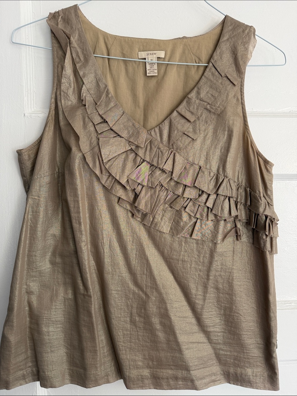 J. Crew Metallic Taupe Ruffle V-Neck Camisole